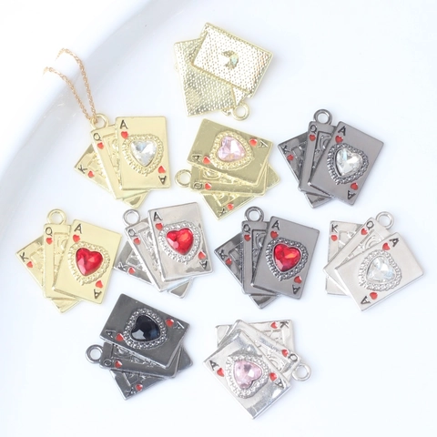 Alloy Stacked Poker Cards Pendant Heart Shaped Rhinestone A Q K Cards Charm For DIY Necklace Bracelet Jewelry Making Accessories
