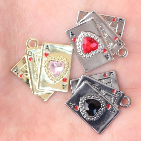 Alloy Stacked Poker Cards Pendant Heart Shaped Rhinestone A Q K Cards Charm For DIY Necklace Bracelet Jewelry Making Accessories