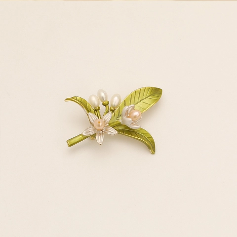 Elegante Spilla a Fiore per Donna Placcata in Oro 14K Lega di Rame Foglia Verde Smalto Perla Artificial Spilla Gioielli Matrimonio Festa
