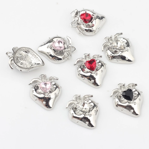 Legierung Erdbeere Herz Strass Charms DIY Schmuckanhänger Für Halskette Ohrring Zubehör Rot Rosa Weiß Schwarz
