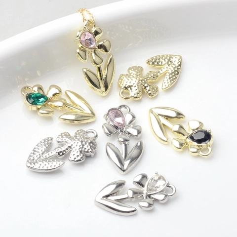 Alloy Tulip Flower Pendant Charms With Water Drop Rhinestone For DIY Necklace Earring Bracelet Making Jewelry Accessories