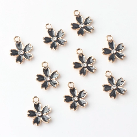 Alloy Rhinestone Sakura Flower Pendant Findings Black Drip Oil Enamel Charms For DIY Earring Necklace Jewelry Making Parts