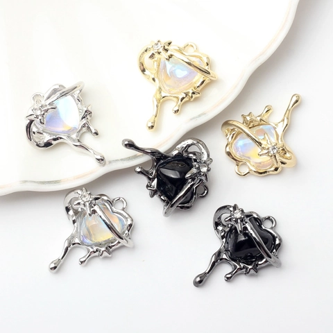 Y2K Liquid Metal Heart Alloy Pendants With Resin Rhinestone Inlay For DIY Jewelry Making Necklaces Earrings Findings