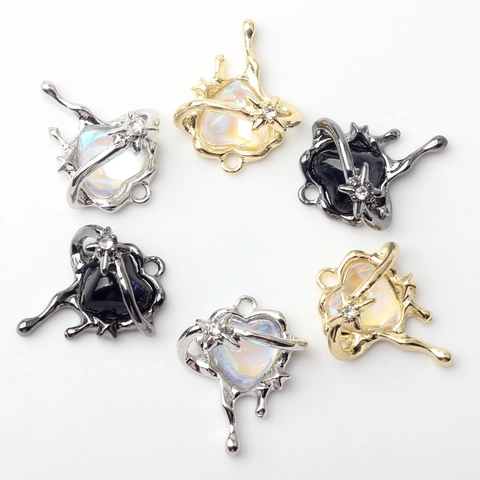 Y2K Liquid Metal Heart Alloy Pendants With Resin Rhinestone Inlay For DIY Jewelry Making Necklaces Earrings Findings
