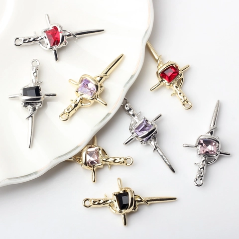 Vintage Gothic Alloy Cross Sword Pendant Only Dagger Charm With Square Rhinestone Zirconia For DIY Necklace Earring Making Accessory