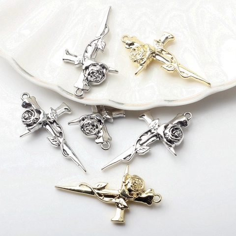 Gothic Alloy Rose Cross Pendants For DIY Jewelry Making Retro Flower Dagger Metallic Charms Necklace Earring Accessory