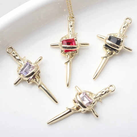 Vintage Gothic Alloy Cross Sword Pendant Only Dagger Charm With Square Rhinestone Zirconia For DIY Necklace Earring Making Accessory