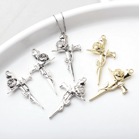 Gothic Alloy Rose Cross Pendants For DIY Jewelry Making Retro Flower Dagger Metallic Charms Necklace Earring Accessory