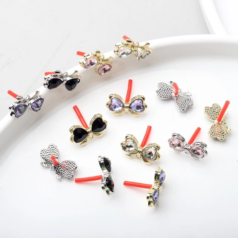Alloy Bowknot Heart Crystal Earring Findings Gold Silver Plated DIY Earring Stud Posts Accessories Women Jewelry Making