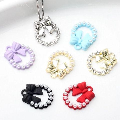 Ciondolo Fiocco in Lega Con Perla Artificiale Strass Fai-da-te Accessori per Gioielli Simpatico Nodo a Fiocco per Orecchini Collane Bracciale