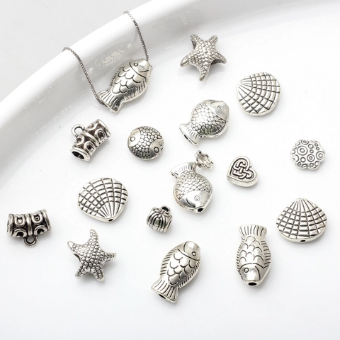 Cuentas de Aleación de Plata Antigua Vintage Estrella de Mar Pez Corazón Flor Espaciadores para Creación de Joyas DIY Collar