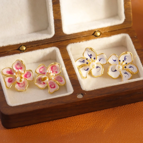 Elegant Enamel Flower Stud Earrings With 925 Sterling Silver Earring Post Gold Plated Copper Artificial Pearl Jewelry For Women