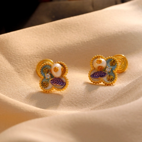 Orecchini a Clip Quadrifoglio in Smalto Vintage Rame Perla d'Acqua Dolce Zirconia Fiore Gioielli per Donna Senza Foro