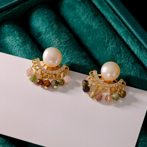Pendientes de Abanico con Borlas y Poste de Plata de Ley 925 Cobre Perla Artificial Zirconia Joyería para Mujer