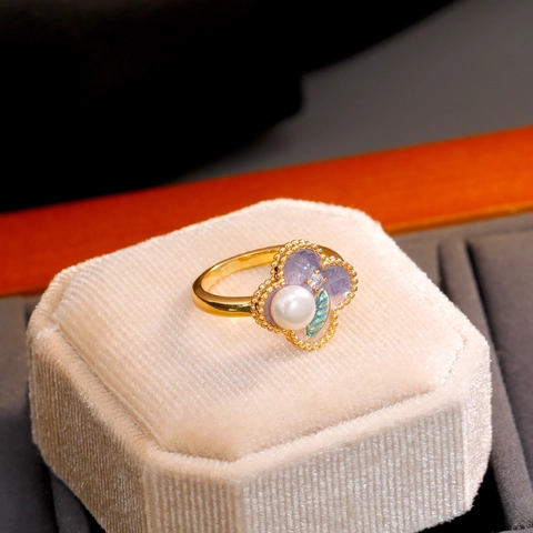 Anello Aperto a Quadrifoglio in Smalto Vintage per Donna Anello a Fiore in Rame Perla d'Acqua Dolce Zirconia Gioielli di Lusso