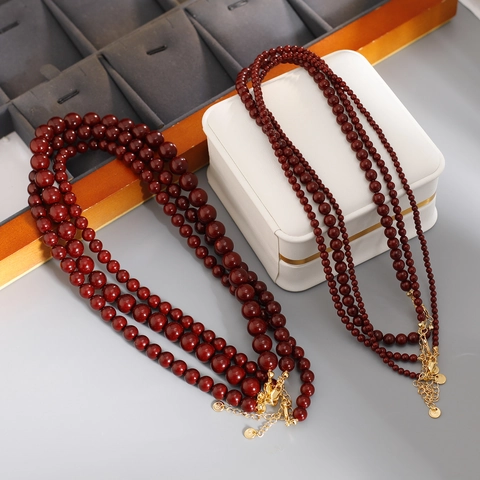 Collier en Perles Artificielles en Cuivre Vintage pour Femmes Plaqué Or Rouge Foncé Perle Ronde Choker Élégante Chaîne de Clavicule Bijoux