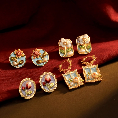 Boucles d'Oreilles Clous Fleur en Émail Vintage Français pour Femmes Cuivre Tige Argent 925 Perle d'Eau Douce Bijoux Style Peinture
