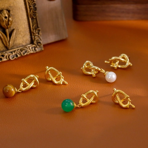 Boucles d'Oreilles Nœud Asymétriques Avec Tige en Argent Sterling 925 Cuivre Künstliche Perle Agate Œil de Tigre Vintage