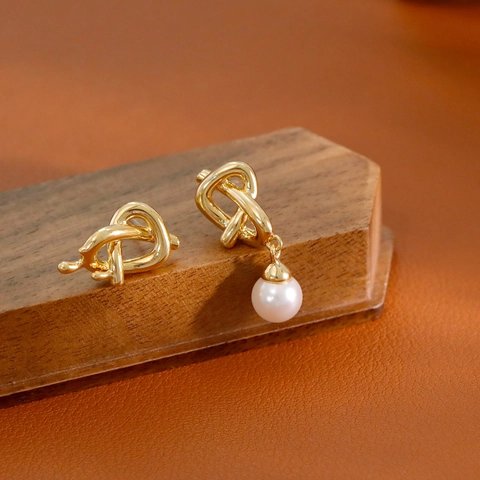 Boucles d'Oreilles Nœud Asymétriques Avec Tige en Argent Sterling 925 Cuivre Künstliche Perle Agate Œil de Tigre Vintage