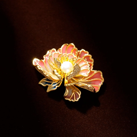 Spilla Fiore di Peonia in Smalto Vintage per Donna Placcato Oro Perla Artificiale Strass Spilla Elegante Matrimonio Festa Gioielli