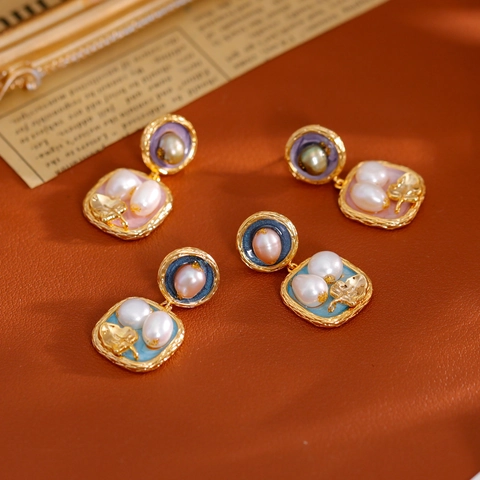 Orecchini a Goccia Quadrati con Süßwasserperle d'Acqua Dolce Barocche Francese Vintage Smalto Foglia Rame Perno in Argento 925