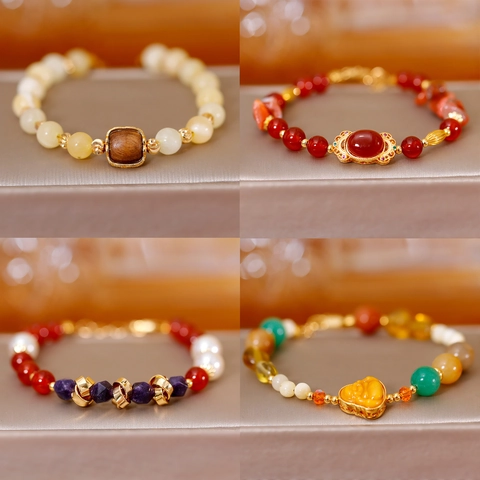 Bracelet Fait Main Style Chinois Vintage pour Femme Perles d'Eau Douce Agate Bijoux Ethniques Plaqué Or Cadeau