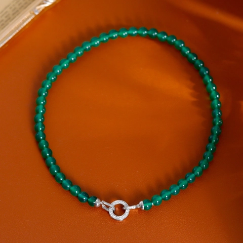 Collier de Perles en Agate Verte Néo-Chinois Cuivre Incrustation de Zirconia Vintage Fermoir Rond Chaîne de Clavicule Bijoux Femme