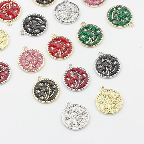 Alloy Rhinestone Lily Of The Valley Flower Pendant Round Enamel Coin Charm For DIY Jewelry Making Necklaces Earrings Accessories