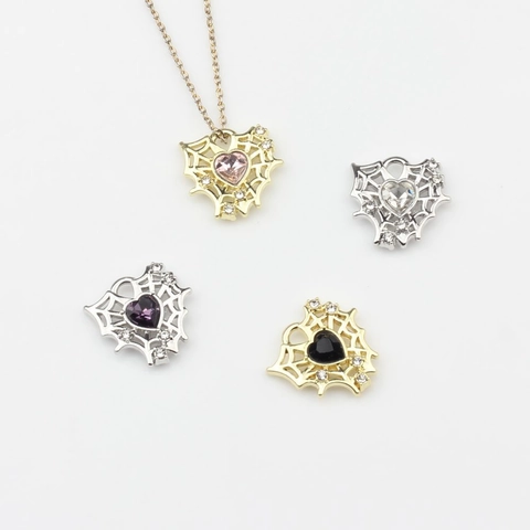 Gothic Heart Spider Web Jewelry Pendant Zinc Alloy Mesh Hollow Rhinestone Charms For DIY Necklace Bracelet Making Women Halloween Accessories