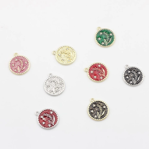 Alloy Rhinestone Lily Of The Valley Flower Pendant Round Enamel Coin Charm For DIY Jewelry Making Necklaces Earrings Accessories