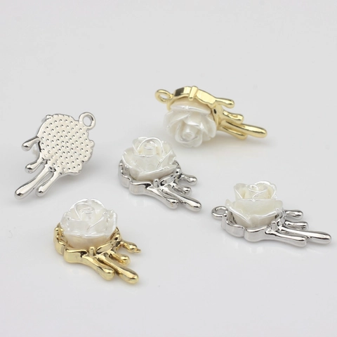 3D White Rose Flower Pendants Liquid Metal Alloy Base Charms For DIY Earring Necklace Jewelry Making Materials Women Gift