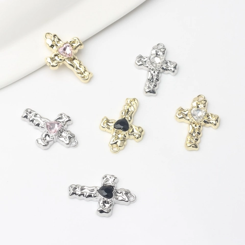 Alloy Electroplated Pleated Cross Pendant With Heart Shaped Zircon For DIY Earring Necklace Jewelry Making Accessories