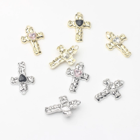 Alloy Electroplated Pleated Cross Pendant With Heart Shaped Zircon For DIY Earring Necklace Jewelry Making Accessories