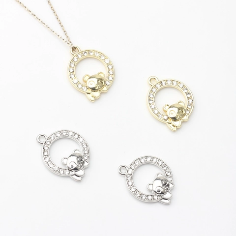 Cartoon Panda Circle Pendant Zinc Alloy Rhinestone Hollow DIY Jewelry Making Material Accessory Gold Silver Pendant