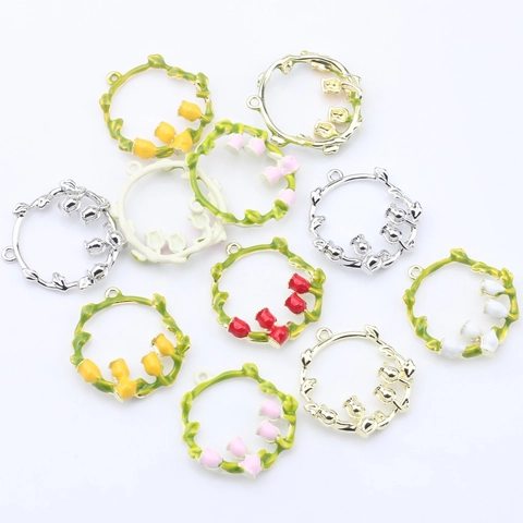 Alloy Enamel Lily Of The Valley Wreath Pendants Floral Vine Charms For DIY Earrings Necklace Jewelry Making Accessories