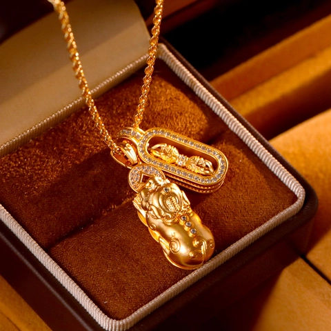 Gold Plated Copper Pixiu Vajra Pestle Double Pendant Necklace With Twisted Rope Chain For Women Neo Chinese Jewelry