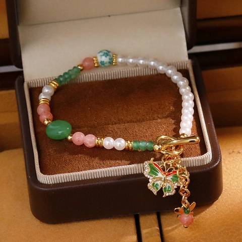 Pulsera de Perlas Mariposa Estilo Chino Vintage para Mujer Cobre Chapado en Oro 18K Esmalte Strass Piedra Natural Joyería