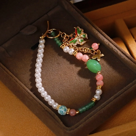 Pulsera de Perlas Mariposa Estilo Chino Vintage para Mujer Cobre Chapado en Oro 18K Esmalte Strass Piedra Natural Joyería