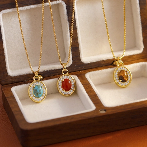 Collier avec Pendentif Ovale en Cuivre Plaque Or Vintage pour Femme Agate Rouge Oeil de Tigre Turquoise Zirconium Halo Chaine de Clavicule