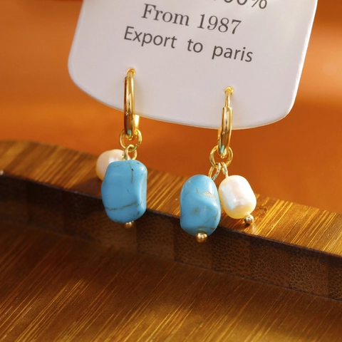 Pendientes de Aro de Cobre Vintage Francés con Turquesa Irregular y Perla de Agua Dulce para Mujer Pendientes Colgantes de Perla Barroca Dorada