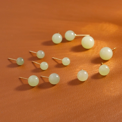 Boucles d'Oreilles Clous en Jade Néphrite Style Chinois Minimaliste Avec Tige en Argent Sterling 925 Bijoux Plaqué Or 14K