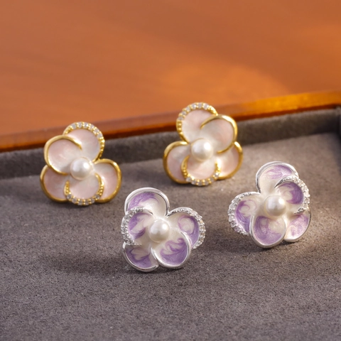 Enamel Drip Glaze Pearl Flower Stud Earrings For Women Copper Zirconia Jewelry With 925 Sterling Silver Earring Post