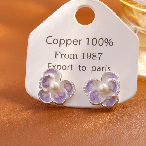 Enamel Drip Glaze Pearl Flower Stud Earrings For Women Copper Zirconia Jewelry With 925 Sterling Silver Earring Post