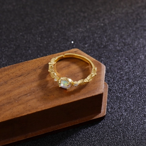 French Vintage Luxury Opal Zirconia Open Ring For Women Adjustable 16K Gold Plated Copper Floral Lace Design Finger Ring