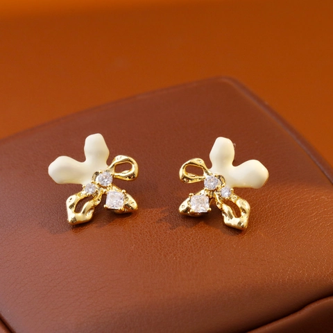 Pendientes de Botón de Flor de Esmalte de Diseñador para Mujer Cobre Circonia Poste de Plata de Ley 925 Joyería de Moda Lujosa