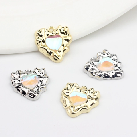 Vintage Heart Moon Alloy Artificial Opal Pendants DIY Jewelry Making Gold Silver Lava Texture Inlaid Rhinestone Charms