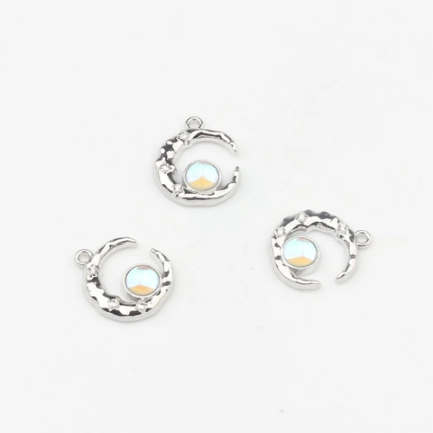 Vintage Heart Moon Alloy Artificial Opal Pendants DIY Jewelry Making Gold Silver Lava Texture Inlaid Rhinestone Charms