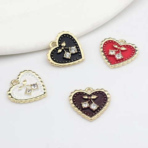 Fashion Alloy Heart Cherry Pendant With Rhinestone Enamel DIY Jewelry Finding For Necklace Earring Making Women Accessory