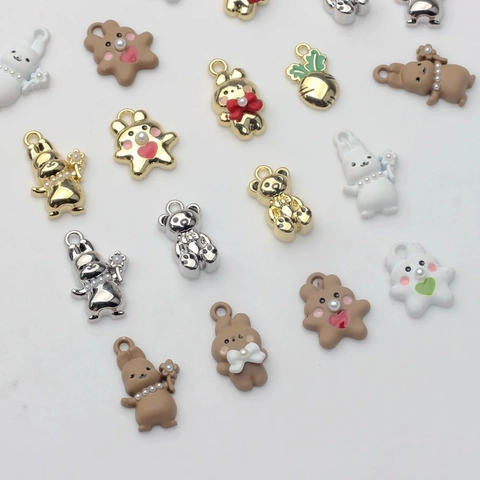Cute Cartoon Rabbit Bear Animal Pendants Zinc Alloy Artificial Pearl Charms For DIY Necklace Jewelry Making Accessories