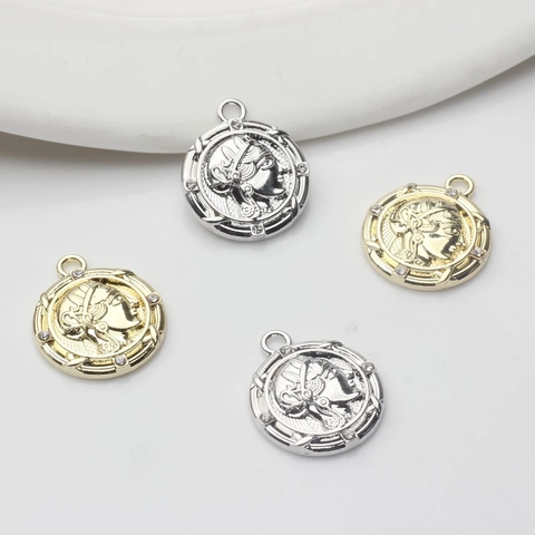 Vintage Round Portrait Coin Pendant Alloy Rhinestone Inlaid Classical Goddess Relief Charms For DIY Jewelry Making Accessories
